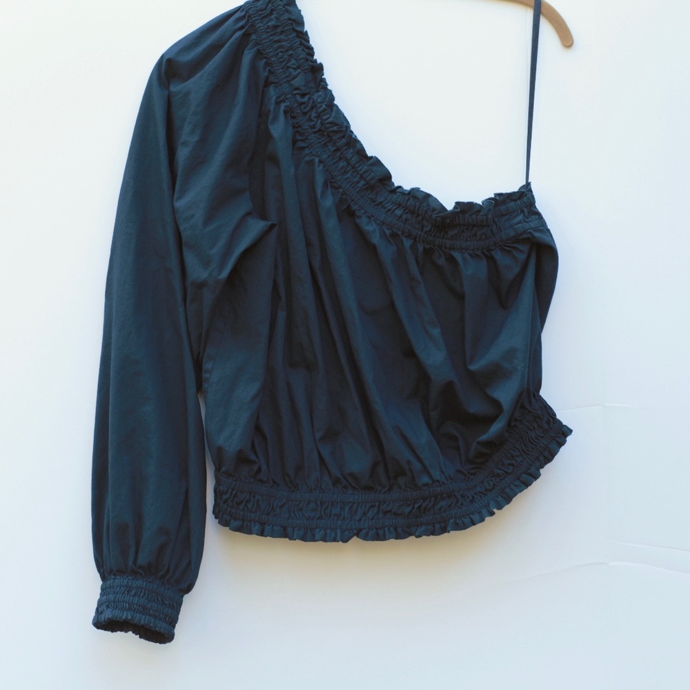 Free People One Shoulder Black Boho Long Sleeve Crop Top Size Small